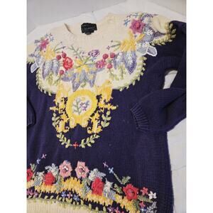 Vtg Knit Cullinane Sweater Sz L Pullover Garden Flowers Embroidered Cottagecore